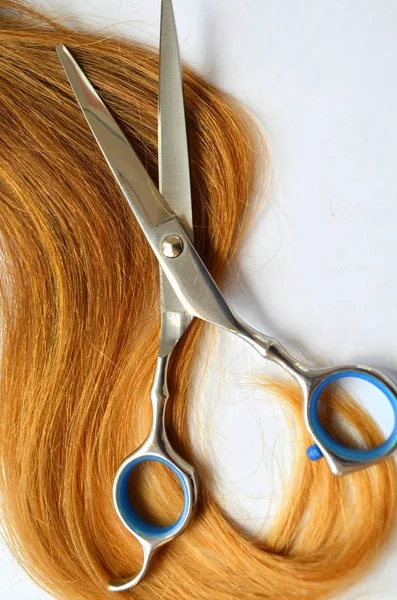 Haarsträhne Mit Schere Und Kamm Für Haarschnitt Auf Weißem Hintergrund — Stockfoto