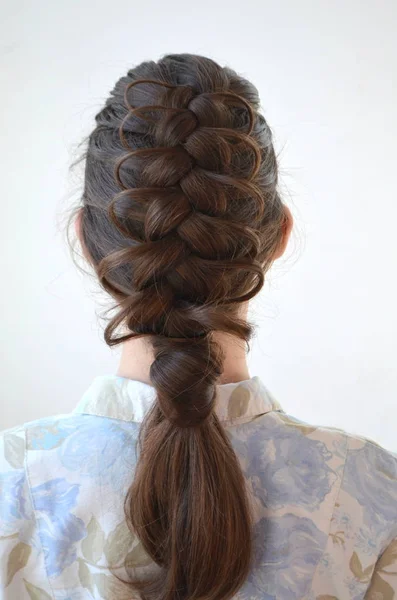 Openwork French Braid Hairstyle Medium Length Mastery Weaving Hair — Stock Photo, Image