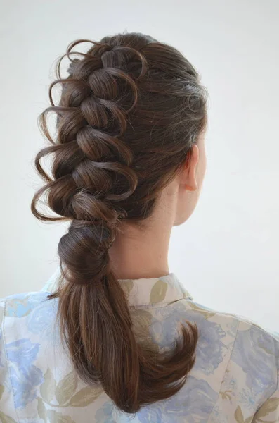 Openwork French Braid Hairstyle Medium Length Mastery Weaving Hair — Stock Photo, Image