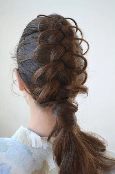 Openwork French Braid Hairstyle Medium Length Mastery Weaving Hair — Stock Photo, Image