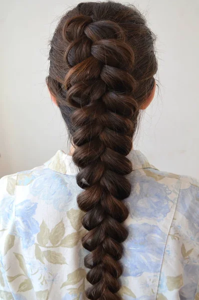 Calado Trenza Francesa Peinado Con Largo Pelo — Foto de Stock