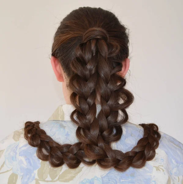 Openwork Trança Francesa Penteado Com Comprimento Longo Cabelo — Fotografia de Stock