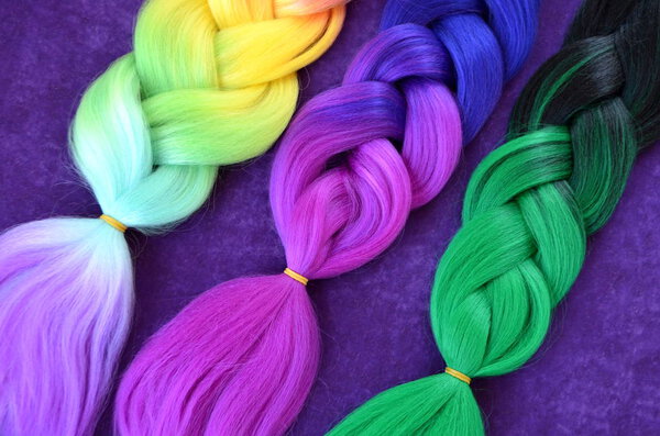 Kanekalon. Colored artificial strands of hair. Material for plaiting braids