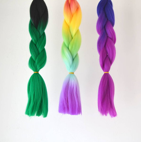 Kanekalon. Colored artificial strands of hair. Material for plaiting braids