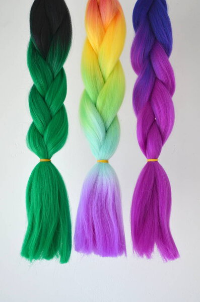 Kanekalon. Colored artificial strands of hair. Material for plaiting braids