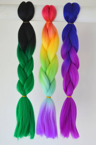 Kanekalon. Colored artificial strands of hair. Material for plaiting braids