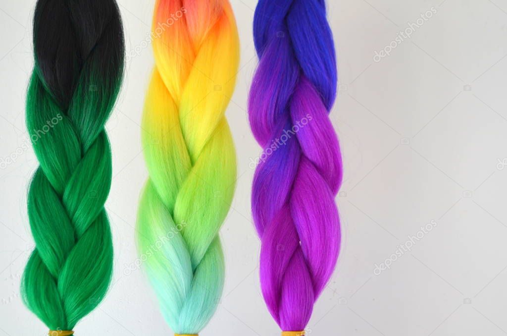 Kanekalon. Colored artificial strands of hair. Material for plaiting braids
