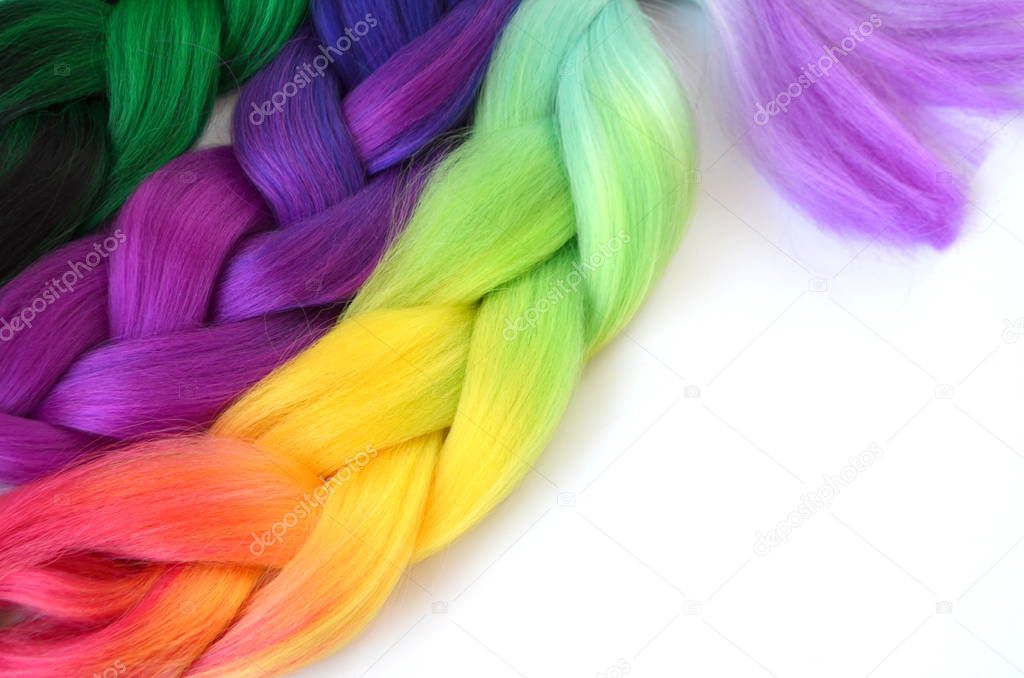 Kanekalon. Colored artificial strands of hair. Material for plaiting braids.