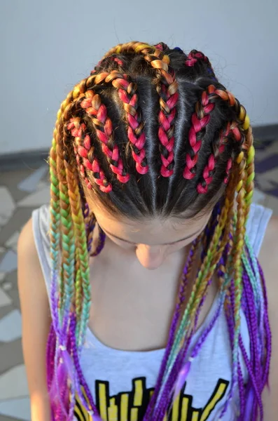 Dziewczyna Modny Zestaw Wielobarwny Warkocze Kanekalon Kolorowe Sztuczne Kosmyki Włosów — Zdjęcie stockowe