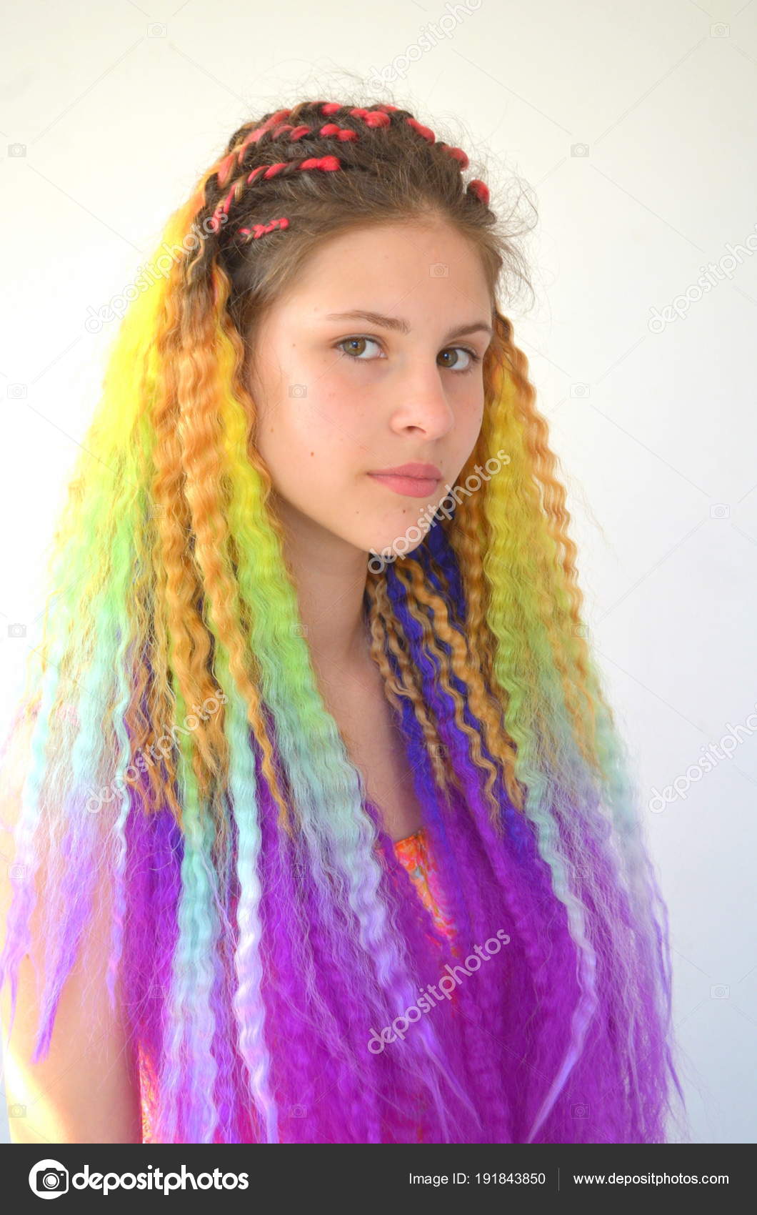 Girl Long Wavy Hair Painted Rainbow Colors Tunic Hair Kanikalon