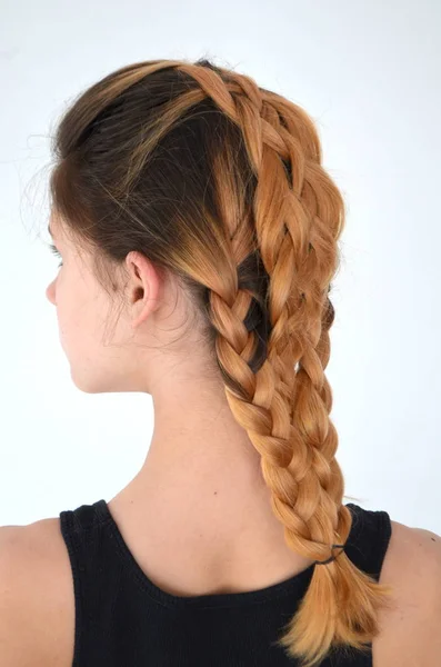 Una Chica Con Hermoso Peinado Pelo Trenzado Cinco Hebras — Foto de Stock