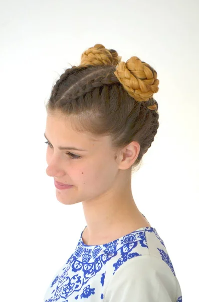 Mädchen Mit Zöpfen Französisch Und Bündel Frisur Ombre Haarfarbe Für — Stockfoto