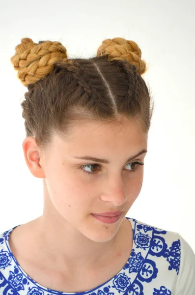 Chica Con Coletas Francés Racimos Peinado Ombre Color Pelo Para —  Fotos de Stock