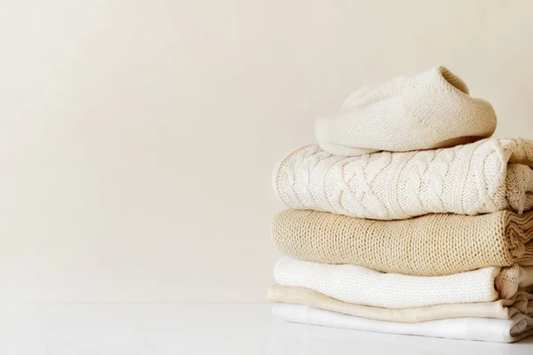 Stack Warm Beige Knit Sweaters Concept Capsule Wardrobe Comfort Close — Stock Photo, Image