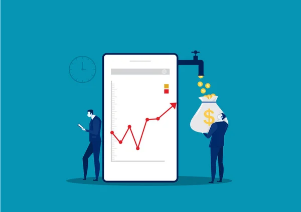 Geschäftsmann Watch Phone Analysieren Wachstum Marktdiagramm Aktienvektor Illustration — Stockvektor