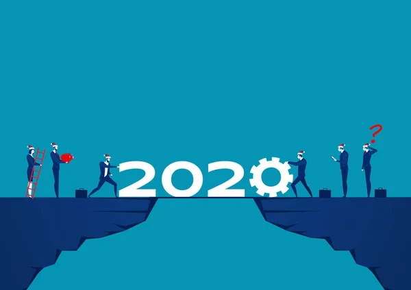 Pengusaha Mendorong 2020 Atas Moutain Tahun Baru Vektor Ilustrasi Selamat - Stok Vektor