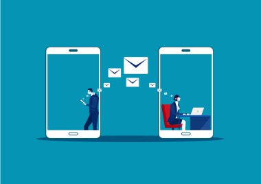 Adam internette Samrtphone kullanıyor. Sohbet merkezi kuruyor. Sosyal Medya İletişim, Vektör İllüstrasyonu