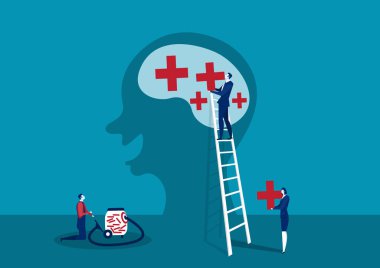 İş adamı temiz negatif konsept vektöründen sonra büyük kafaya olumlu düşünce koydu