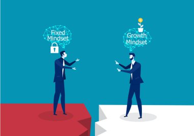 Two businessman different thinking between Fixed Mindset vs Growth Mindset success concept clipart