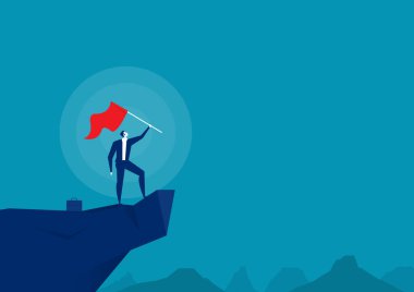 Dağ zirvesinde kırmızı bayrağı olan bir iş adamı. Hedef başarı, liderlik kavramı vektör çizicisi.