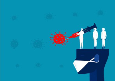  Tehlikeli madde giysisi içindeki adam covid 19 koronavirüs illüstratör vektörüyle savaşmak için büyük enjeksiyonlar yapıyor..