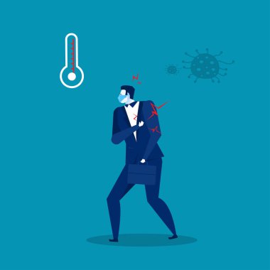 İş adamı, virüs koronasını korumak için maske takar. vektör illüstrasyonu.