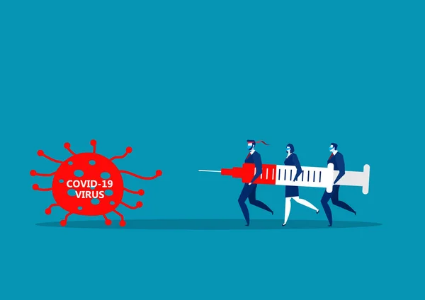 チームビジネス男性は戦うために大きな注射を保持しますCovid 19コロナウイルスイラストレーターベクトル — ストックベクタ