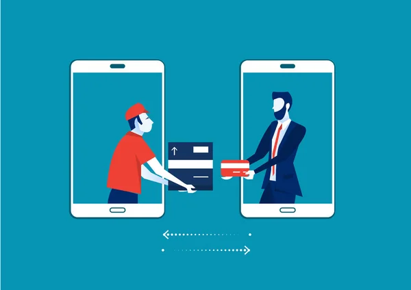 Homme Écran Smartphone Envoi Boîte Carton Avec Client Boutique Paiement — Image vectorielle