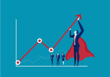 Kahraman iş adamı kırmızı istatistiksel oku mavi arka planda yukarı doğru bükmeye çalışıyor. Muhasebe ve finans. Kâr ve zarar