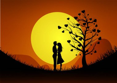 Sevgililer Günün kutlu olsun. Gün batımında dağda romantik bir çift silueti. Vektör illüstrasyonu