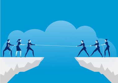 Çatışma konsepti. İş adamları ipleri uçurumun kenarına çekiyor. Mavi arka planda iş rekabeti ve rekabet.