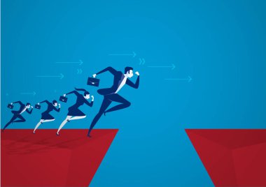 Ressam iş adamı uçurumdan atlıyor. İş başarısı konsepti, risk vektörü.