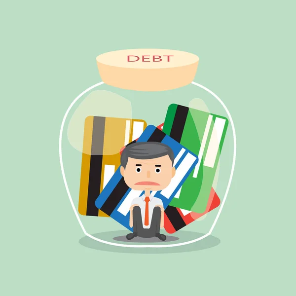 Usinessman Stress Him Debt Trap Credit Card Bottle Concept Illustrator — Stock Vector