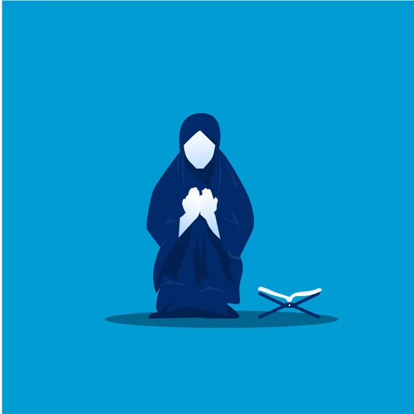 Μουσουλμάνα Γυναίκα Προσευχή Στο Μπλε Εικονογράφος Φόντο — Διανυσματικό Αρχείο