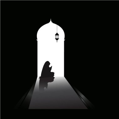 Ramazan barış gecesinde yalnız dua eden genç kadın, illüstratör