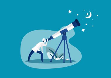 Radmanhan 'ın illüstratöre ne zaman başlayacağını tahmin etmek için teleskopla gökyüzüne bakan Müslüman bir adam.