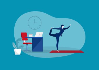 İş yoga konsepti. İş kadını masa vektörü üzerinde meditasyon yapıyor.