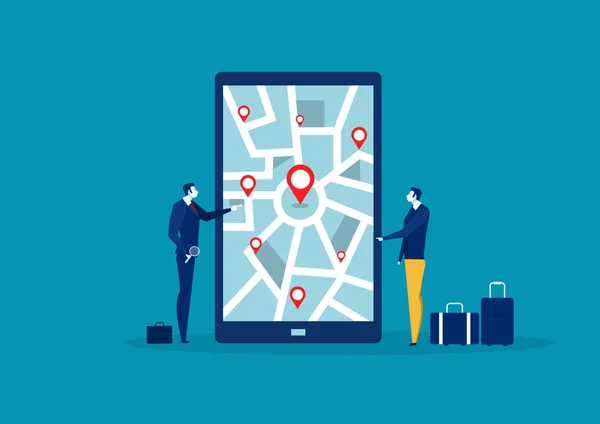 Businessman Searchig Posizione Sul Cellulare Map Vector Illustratore — Vettoriale Stock