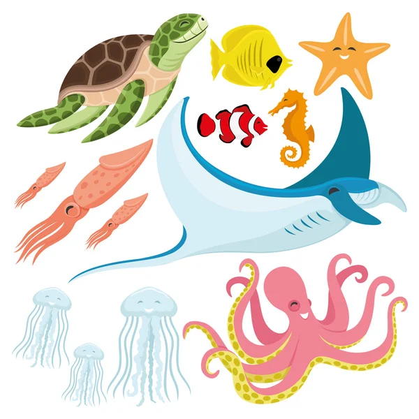 Zeeschildpadden, vis, zeester, seahorse, inktvis, stingray, kwallen en octopus. — Stockvector