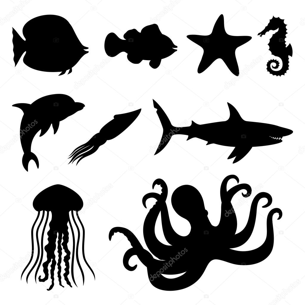 Vector icons of fish, starfish, seahorse, squid, dolphin, shark, jellyfish, and octopus.