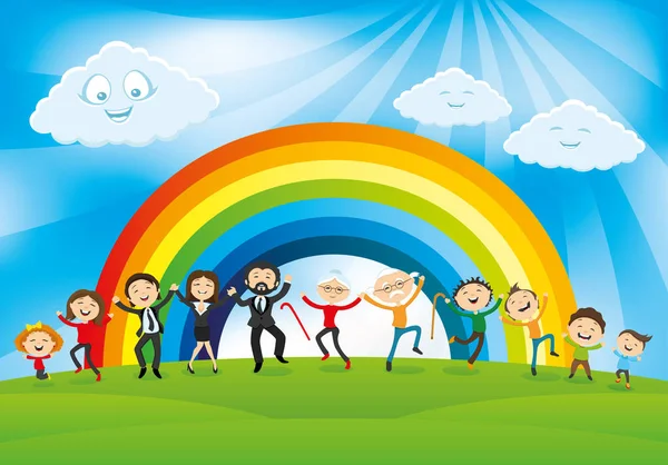 Arco iris y personas . — Vector de stock