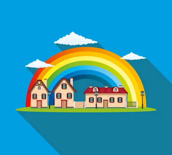 Dorp en regenboog. — Stockvector