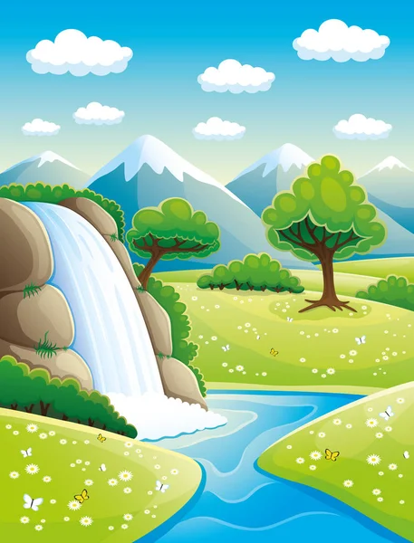 Belle cascade et montagnes . — Image vectorielle