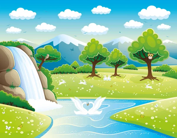 Beautiful waterfall and swans. — Stock Vector