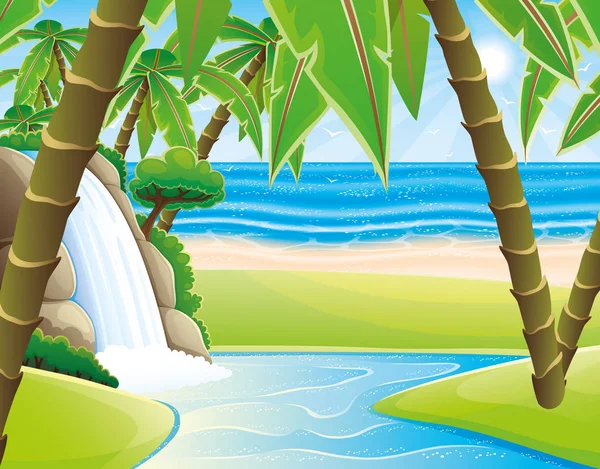 Tropical beach and waterfall. — Stock Vector