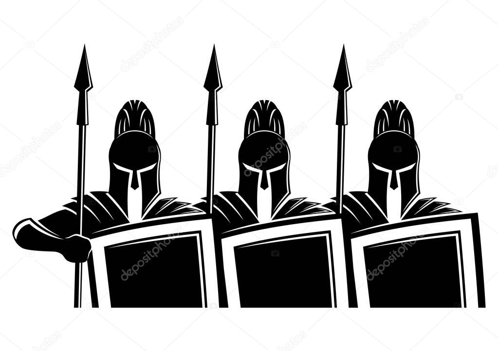Spartans with shields and spears on a white background.