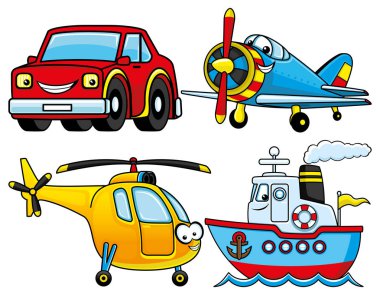 Araba, uçak, gemi ve helikopter.