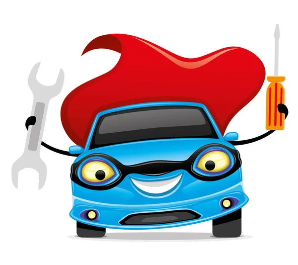Blue car with a wrench and a screwdriver. — Stock Vector