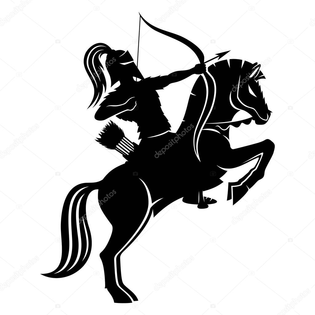 Warrior archer on horseback on a white background.