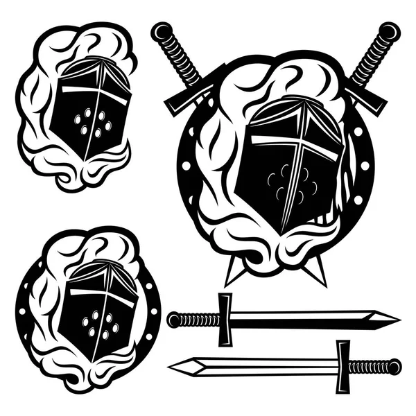 Casco de caballero, escudo y espadas . — Vector de stock